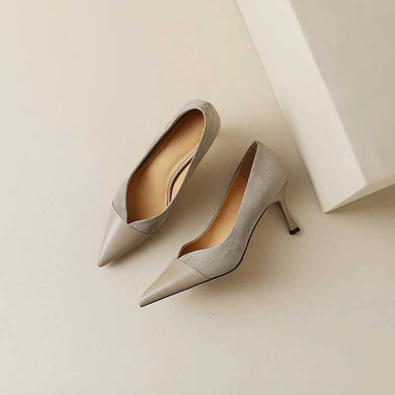 2023 New Stitching High Heels Womens Single Shoes Pointed Thin Temperament Hollowed Out Apricot Matching Shallow Mouth W250910
