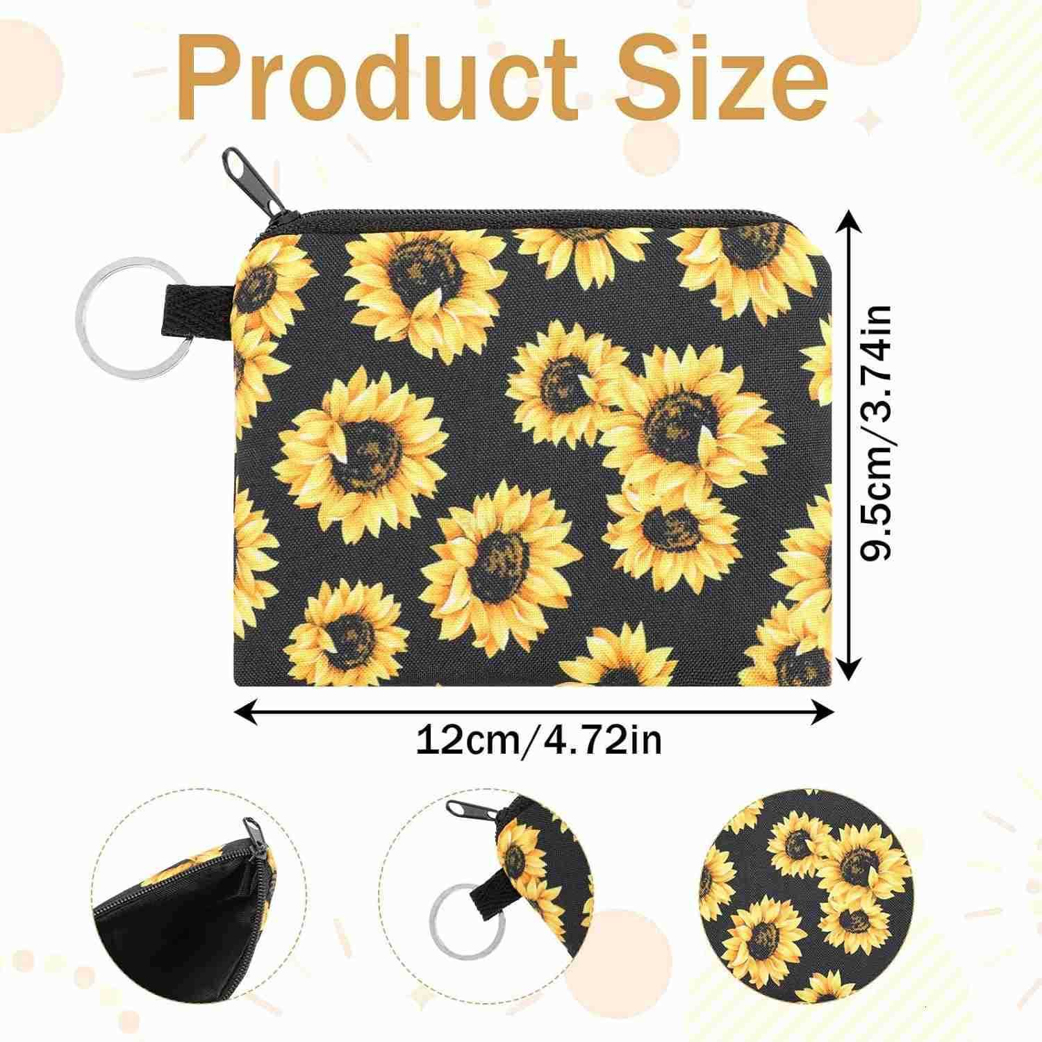 2 Pcs Sunflowers Coin Purse Fabric Coin Pouch with Key Ring Zipper Heart Coin Bag Small Black Canvas Purse Pouch Travel Portable Keychain WalletZ25091