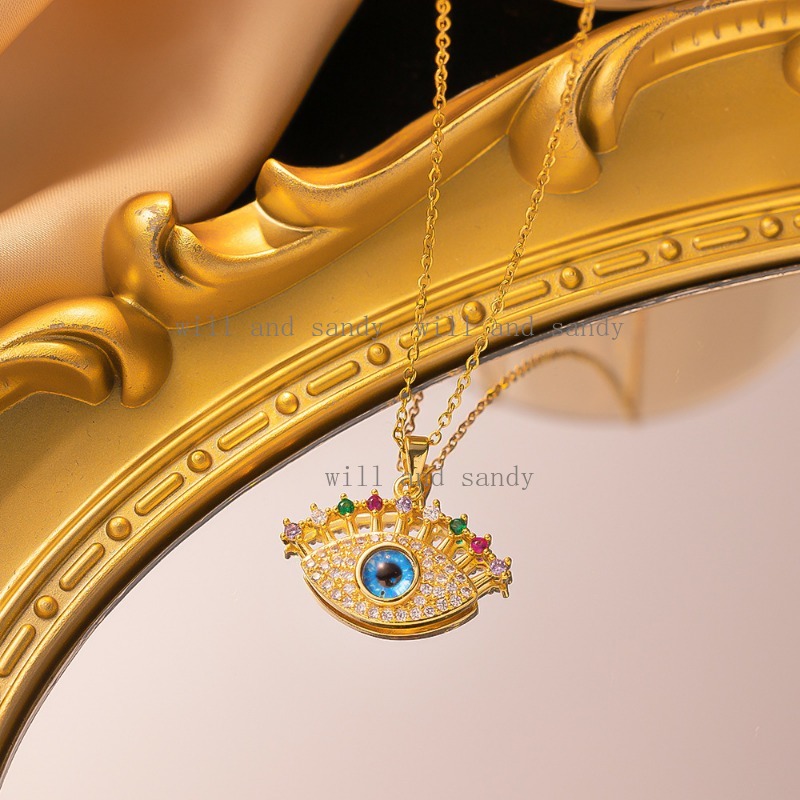Non Tarnish Gold Evil Eye Necklace Charm 18K Gold Plated Stainless Steel Designer Necklaces Cubic Zirconia Hamsa Hand of Fatima Necklace for Woman Fin