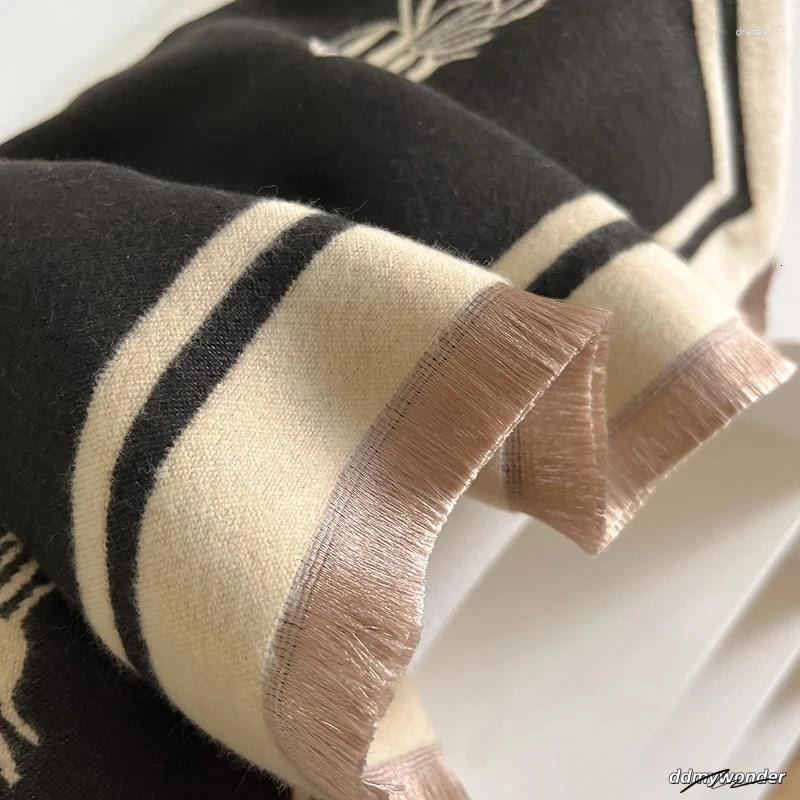 Scarves 2024 Winter Cashmere Shawl Women High-End Temperament Short Fringe Warm Bib Double-Sided Printed Scarf Dual-Purpose