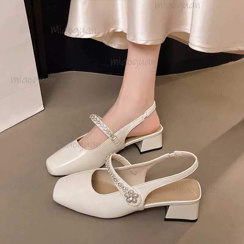 Womens Sandals Covering Toe Mid Heel High Heel Mary Janes Single Shoes Summer Fairy Style with Skirts Rubber Bottom Square Head W250910