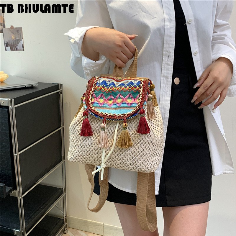 Free Shipping Designer Bag Ethnic Style Cross-border Backpack For Women 2025 New Wholesale Woven Vintage Bag Fashion Luxury Bag Color-block Casual Tra