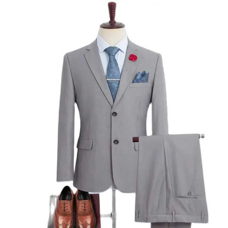 2024 Plus Size Suit Set Men Solid Color Single Breasted Jacket Pants For Host Groom Groomsmen Grey Black Navy 2Piece Suit Set W250910