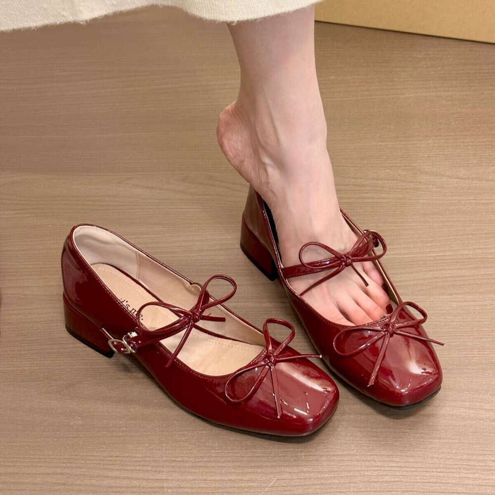 Red Evening Pumps French Style Chunky Heel Squ Toe Spring Summer New Bowknot Women's Shoes Matching Dress High-end Fashion