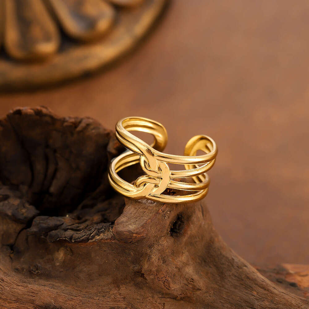 New Elegant Line Knot Design Open Stainless Steel for Women, Vacuum Gold Plated, Non-Fading Ring