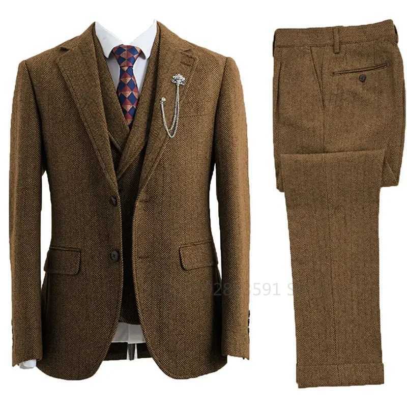 3 Piece Men Suit Tweed Herringbone DoubleBreasted Wedding Tuxedos Size Men Clothing Casual Style Mens Fashion Costume Homme W250910