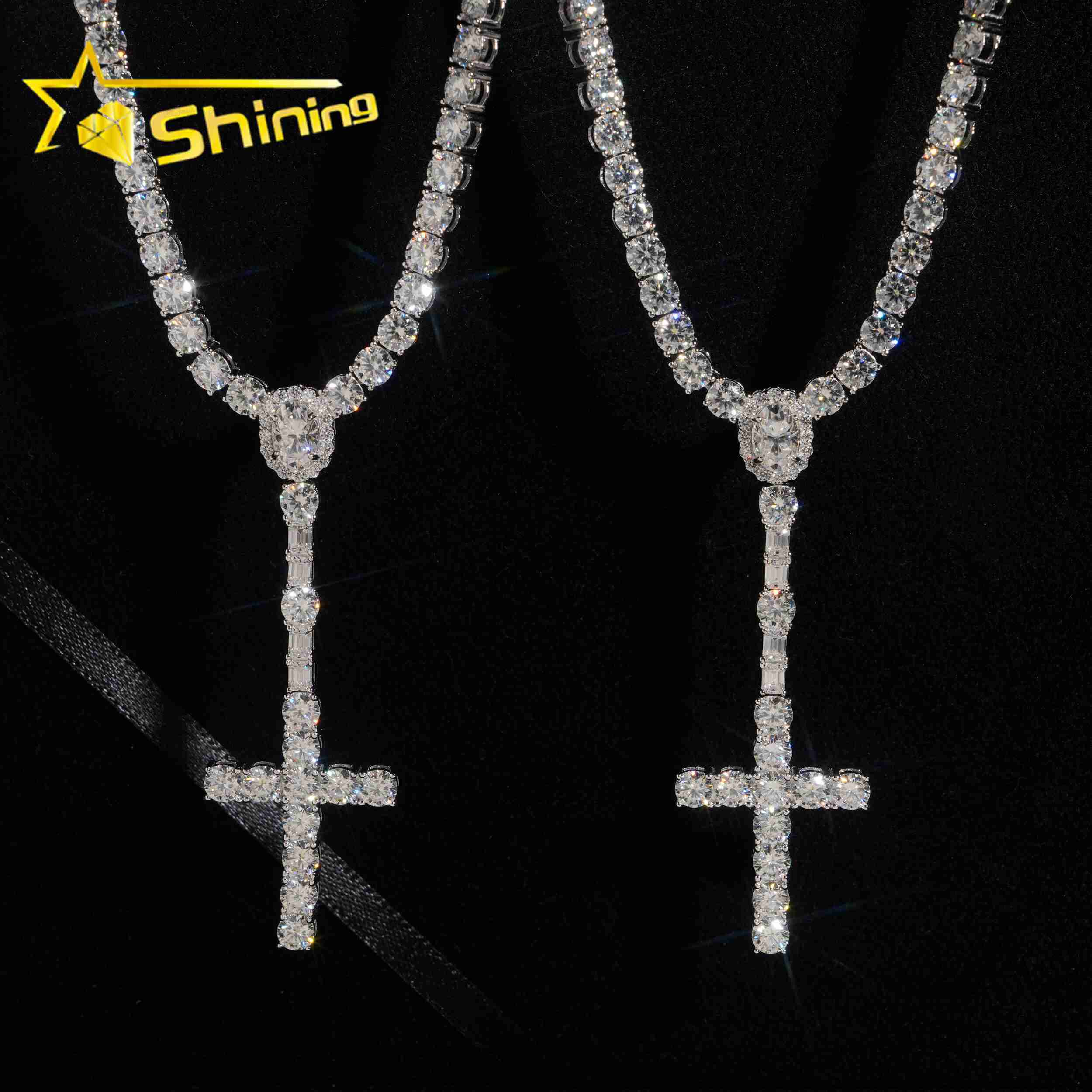 New Design 925 Sterling Silver Cross Style Moissanite Pendant Necklace Hip Hop Jewelry Moissanite Necklace Tennis for Men