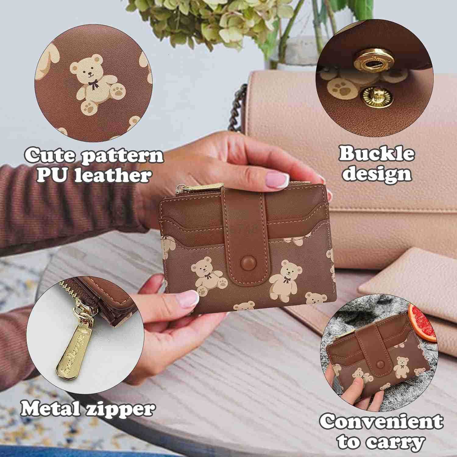 Cute Wallet for Women Bear Print Zip Bifold Wallet with Front Card Slot ID Window Cash Slot Short Women Wallet Elegant Youthful and Cute BrownZ250910