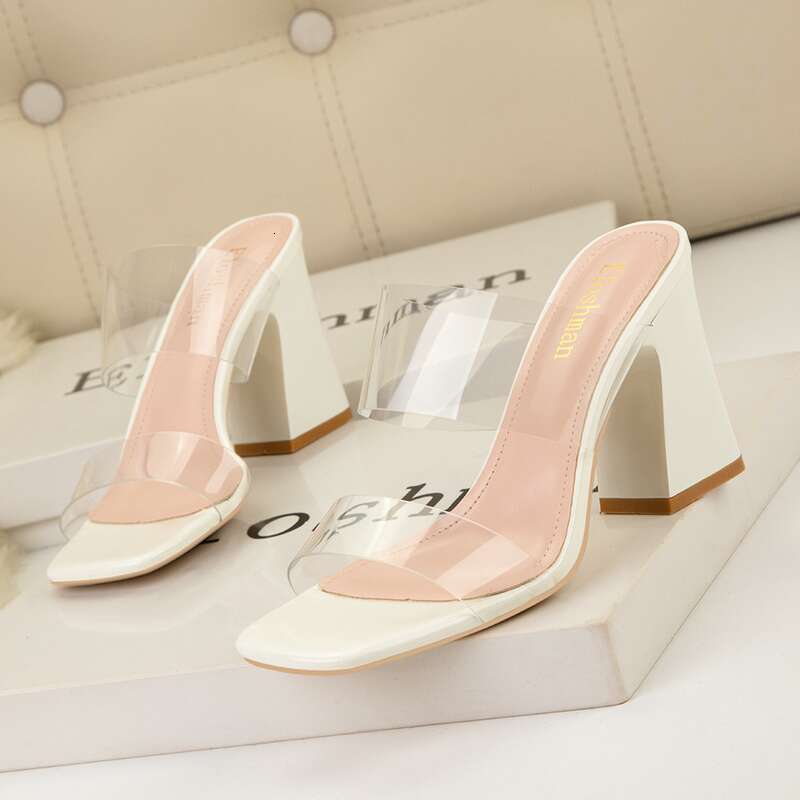 Women's Pumps Style Simple Sexy Banquet Strappy Women's Sandals Square Transparent Thick Open Toe High Heel Slippers