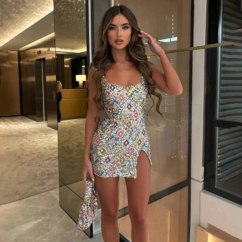 Avrilyaan Colorful Diamond Pattern Sequin Slit Sexy Dress Women Elegant Party Dress Backless Mini Summer Dress Vestidos 250909