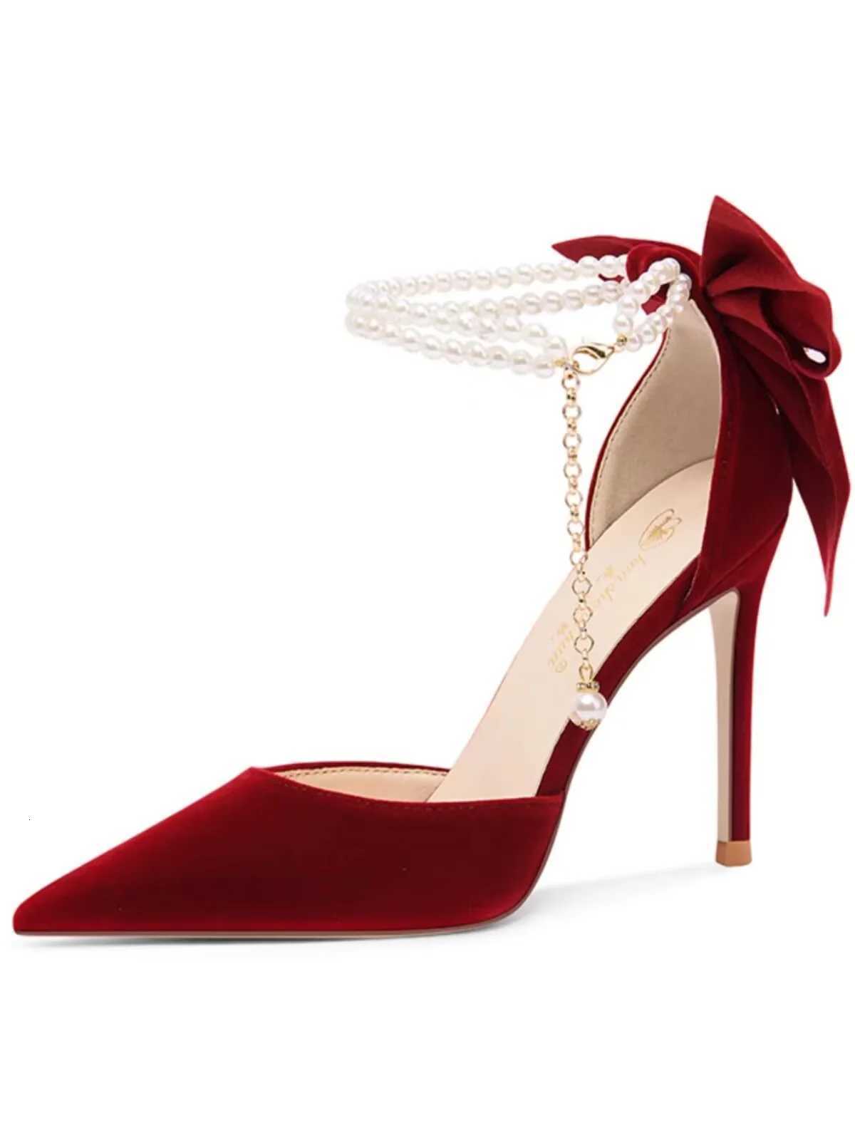 Red wedding shoes new pointy stiletto high heels female shallow mouth bow pearl one word buckle strap two wear bride shoes W250910