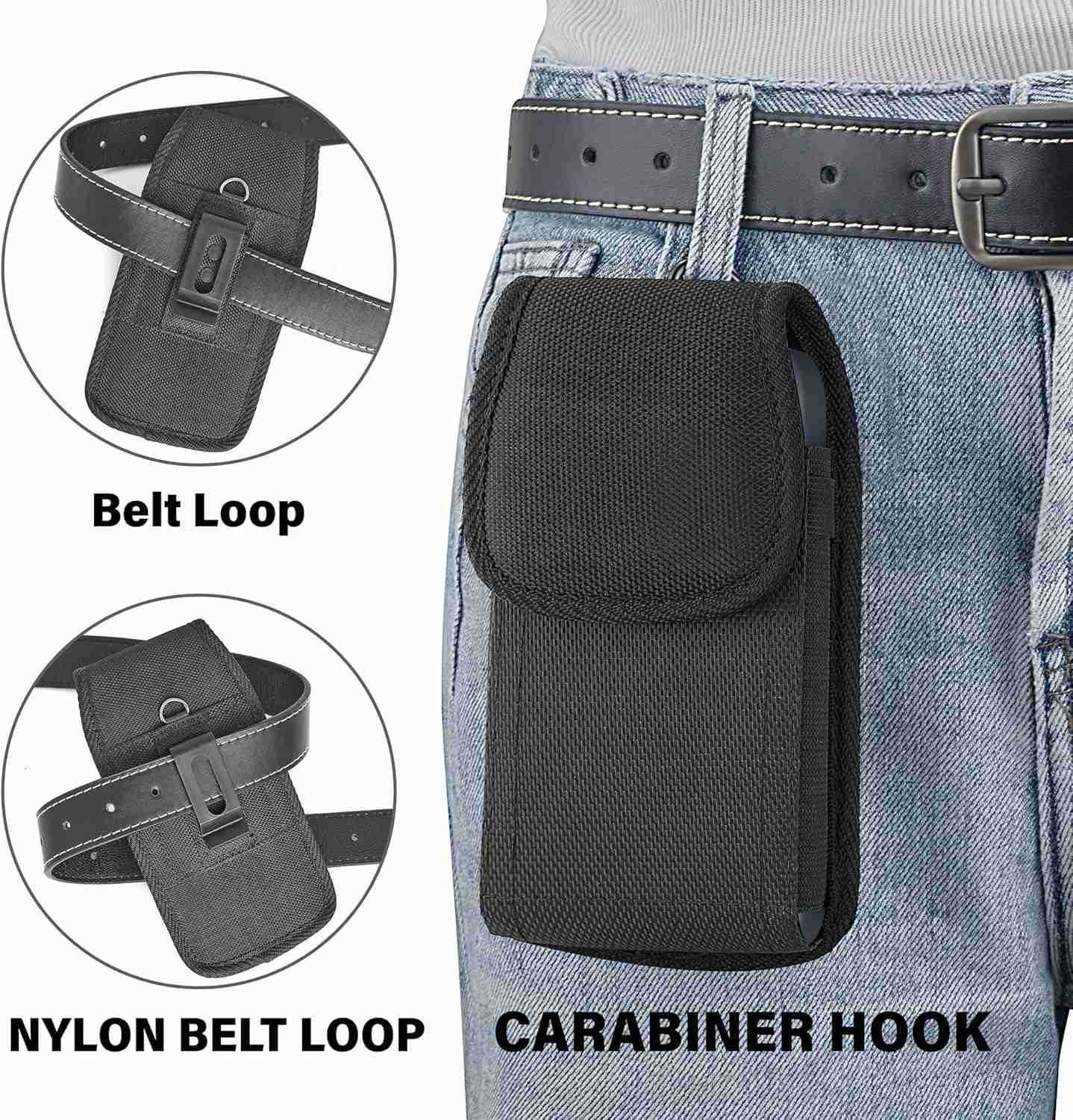 Holster for iPhone 16 15 14 13 12 11 Xs X XRPro Models Cell Phone Belt Holder Case with Clip for Men Heavy Duty Nylon Pouch Fits Phone with Cover on B