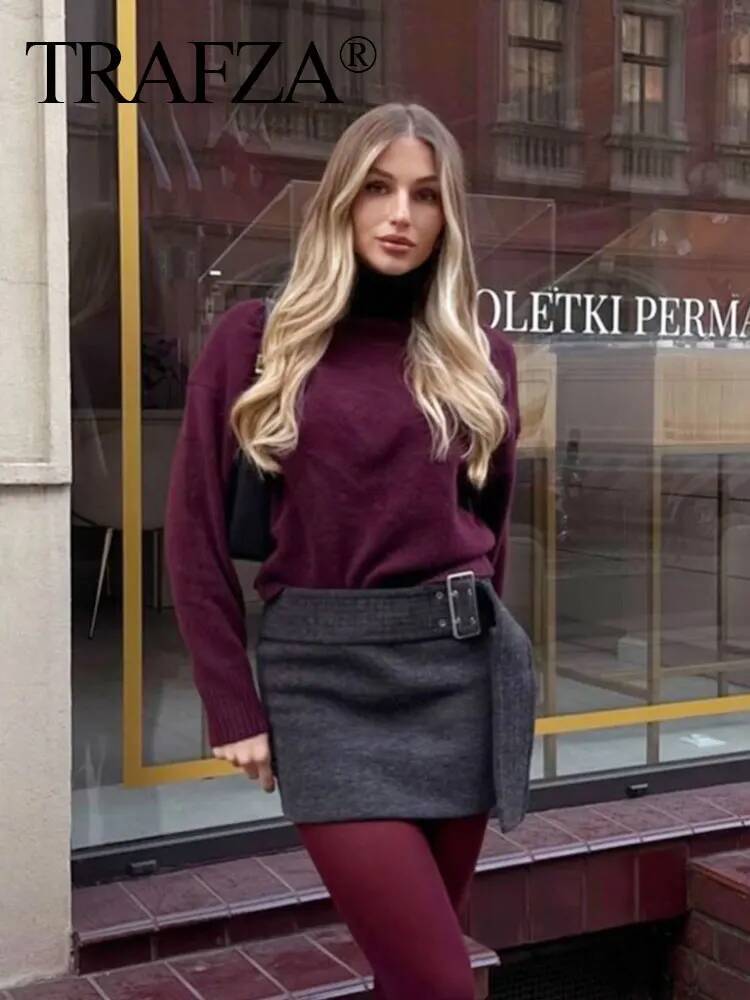 TRAFZA Vintage Bury Turtleneck Sweater Casual Long Sleeve Knitted Pullover Autumn Winter Women Solid Warm Knitwear dongdumaoyi