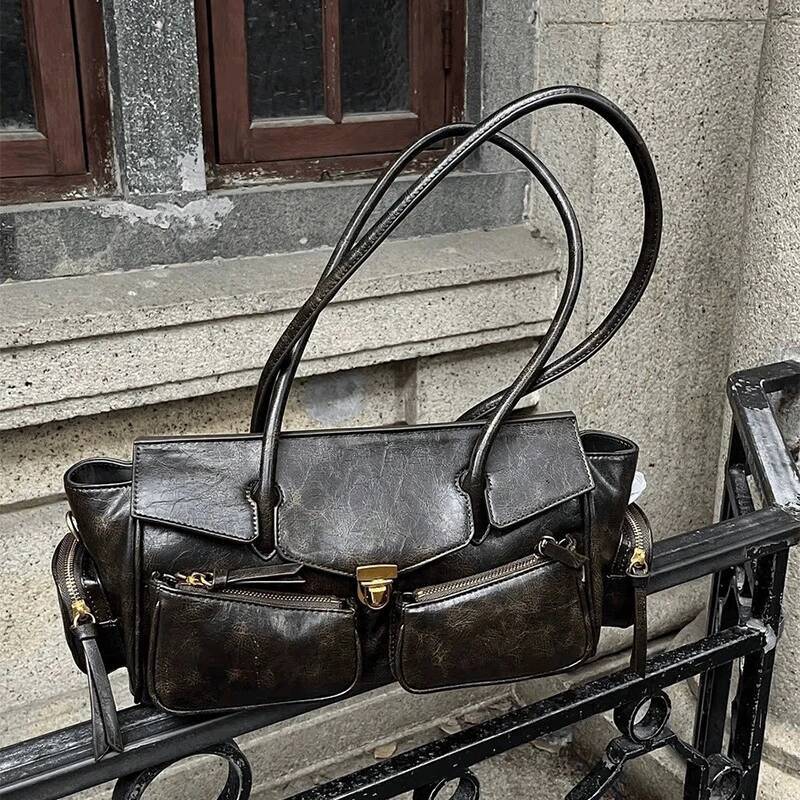 Vintage Underarm For Girl Versatile Multi-pocket Motorcycle Designer Handbag Spaghetti Strap Leather Bag high-quality