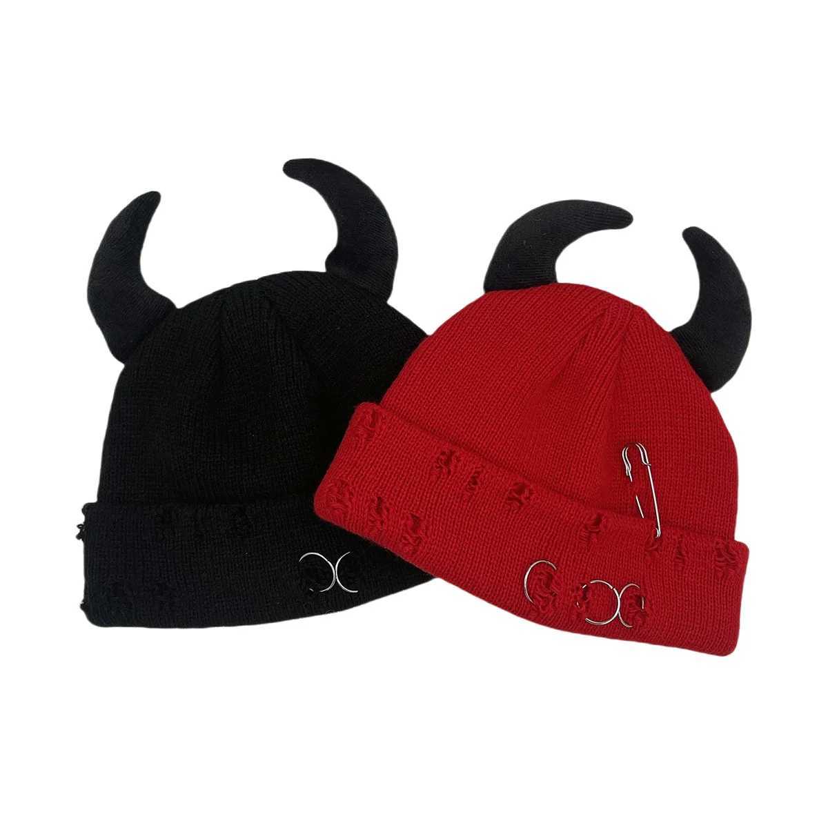 Little Devil Ears AutumnWinter Knitted Hat Woolen Hat Men and Women Landlord Hat Broken Hole Decorative Gui HatXJ250910
