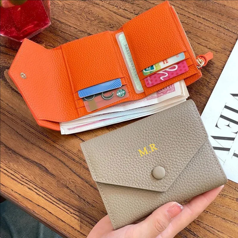 Free Custom Genuine Leather Womens Foldable Cowhide Short Wallet Fashion Envelope Triple Fold Purse Wallet250906
