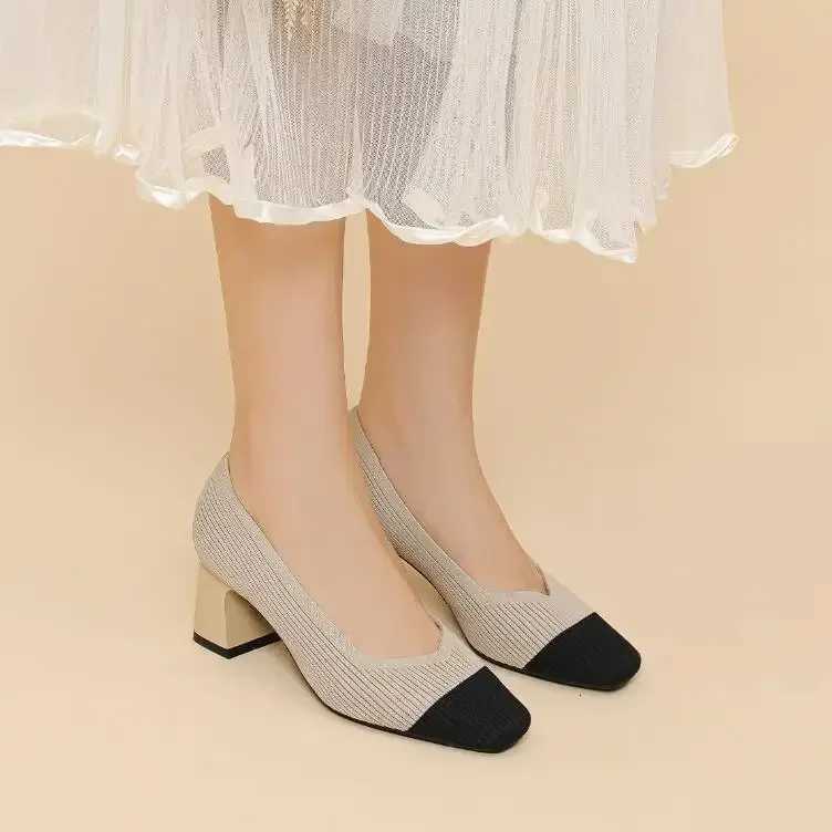 High Heels for Women 2025 New Square Head Vneck Solid Color Allmatch Single Shoes Slip on Breathable Knit Women Work Shoes W250910