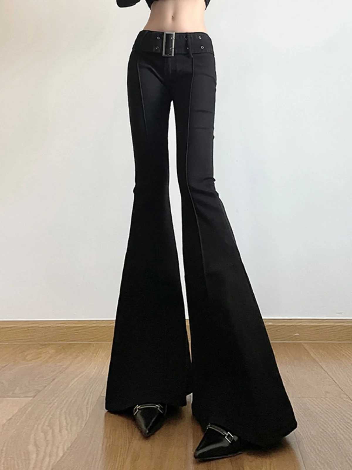 Womens BlaCK Jeans Flare Pants Y2k RETRO Emo 2000s Streetwear Fashion Trousers Harajuku Wide Pants 90s AesTHetic CloTHes Z250910