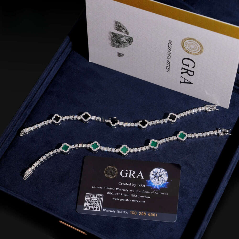 Fashion Style 3mm Iced Out Hip Hop Jewelry S Sier VVS1 Moissanite Dia Four Clover Leaf Cluster Tennis Bracelet