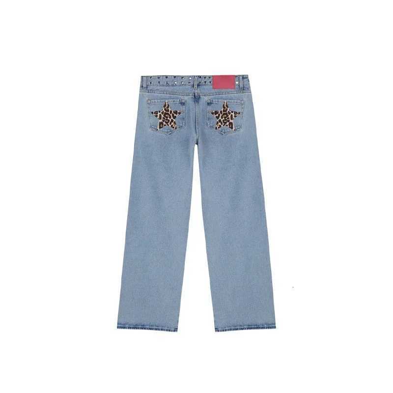 Block Y2K Hot Leopard Print Fivepointed Star Striped Rivet Exterior Decoration Jeans Straightleg Pants Trendy Womens Clothing Z250910