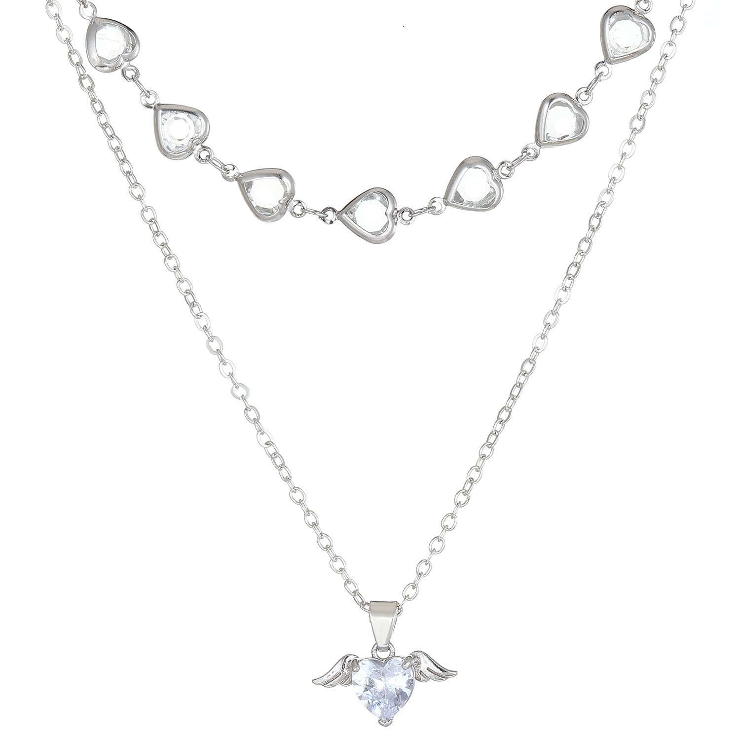 New Heart Wings Necklace For Women Ins Cool Style Creative Design Heart-Shaped Stacked Collarbone Chain