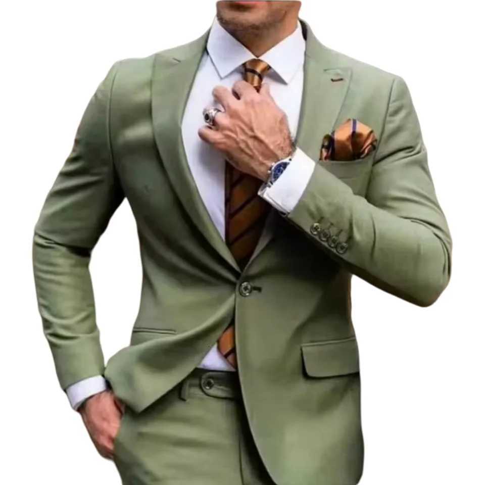 2piece fashionable green mens suit split collar jacket long pants mens clothing slim fit business mens formal W250910