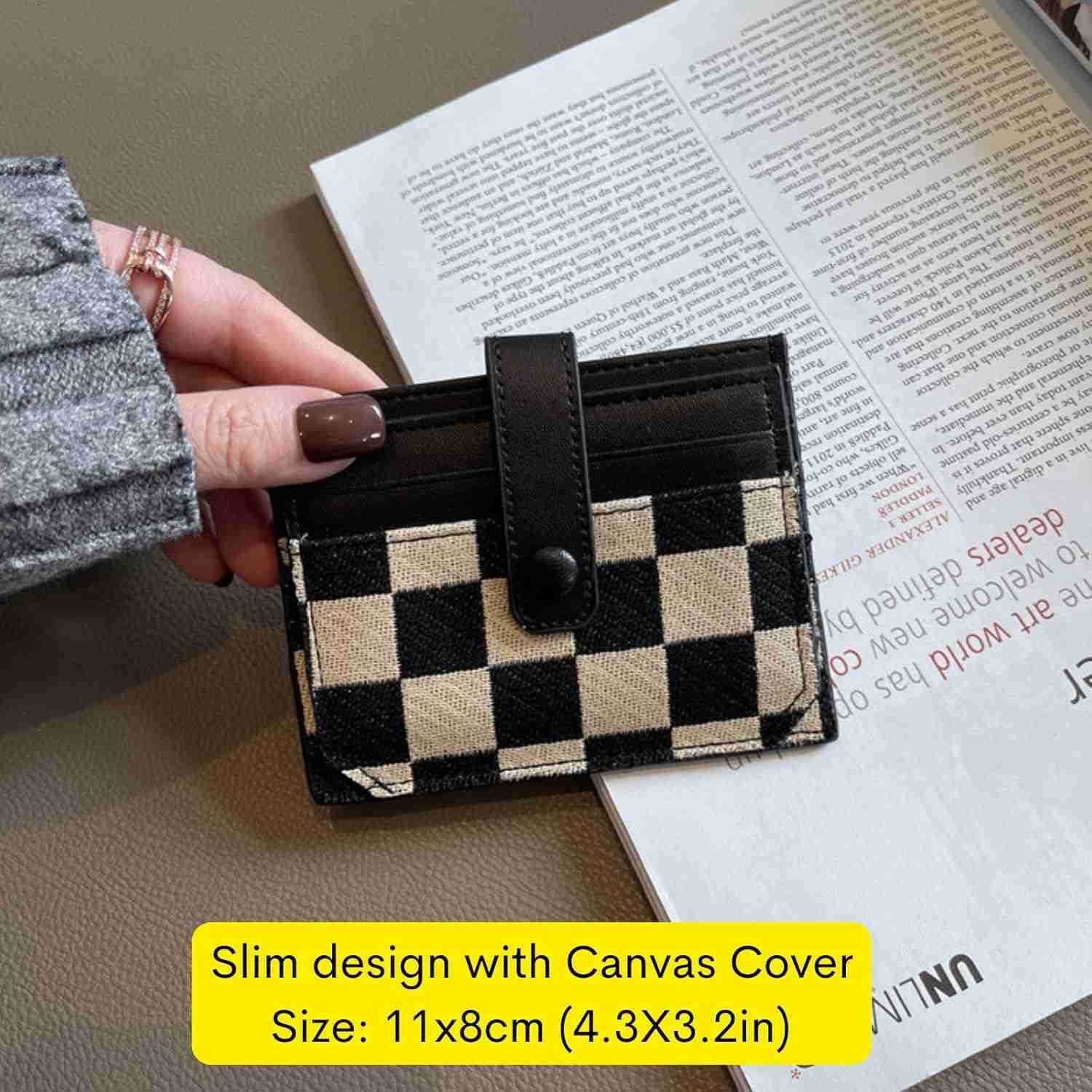 Cute Slim Card Holder Canvas Front Pocket Checkered Wallet Small CARD Case for Women BrownZ250910