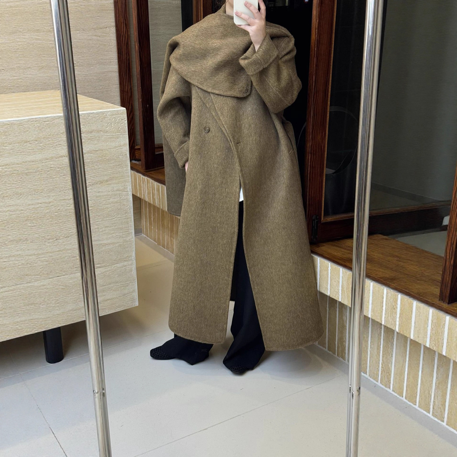 Eshin Autumn And Winter Shawl Scarf Collar Double-breasted Solid Color Womens Double-sided Woolen Belt Coats TH5394 240927