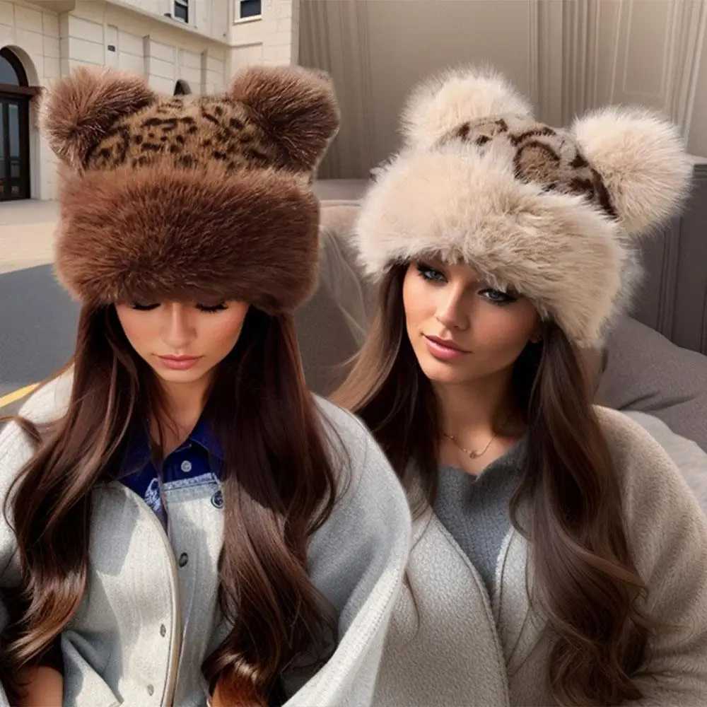 Ear Protection Hat Russian Hat Leopard Print Bear Ears Plush Thick Warm Fluffy Fur Winter Outdoor Snow Ski C Soft Bucket HatXJ250910