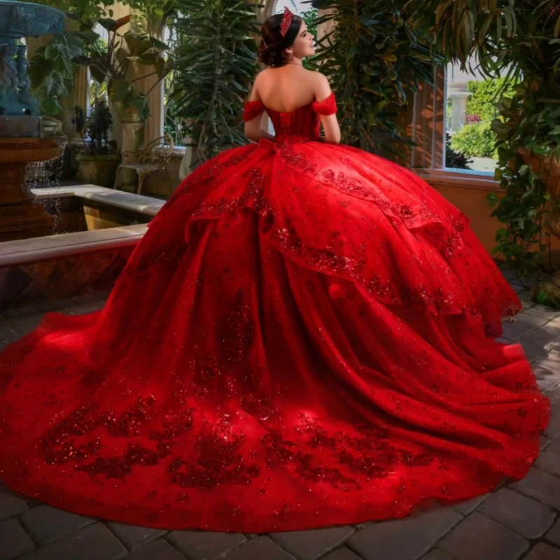 Red Shiny Quinceanera Dresses Ball Gown Off The Shoulder Sequin Applique Lace Beads Tiered Tull Sweet 16 Dress Vestidos 15 De Anos