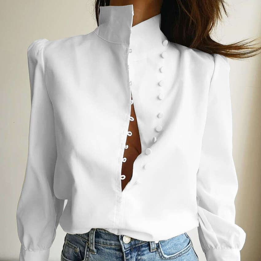 Spring New Women's Long Sleeve Chinese Style Stand Collar Elegant Commuter Casual Fashion Professional White Shirt B3