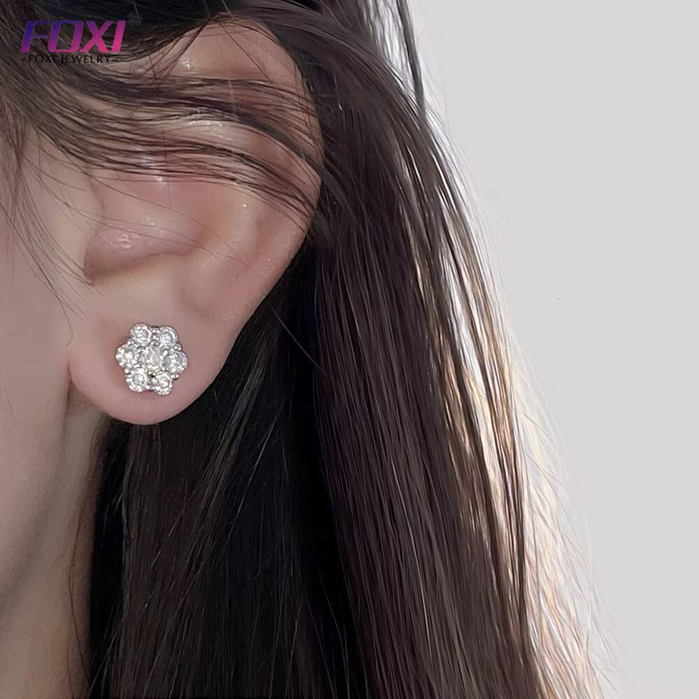 Hot Selling Gold Plated Jewelry Studs Setting Iced Out Round Cubic Zirconia Dainty Flower Stud Earring for Women Man