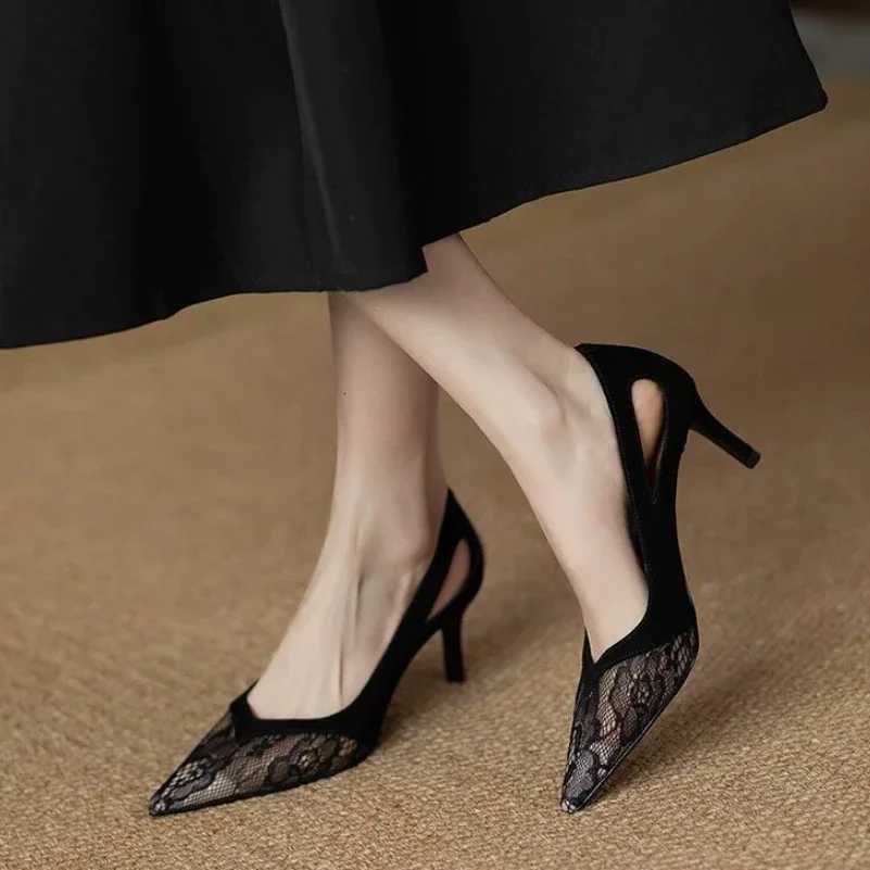 2024 new spring lace hollow mesh pointed high heels sexy shallow mouth womens shoes Versatile pumps W250910