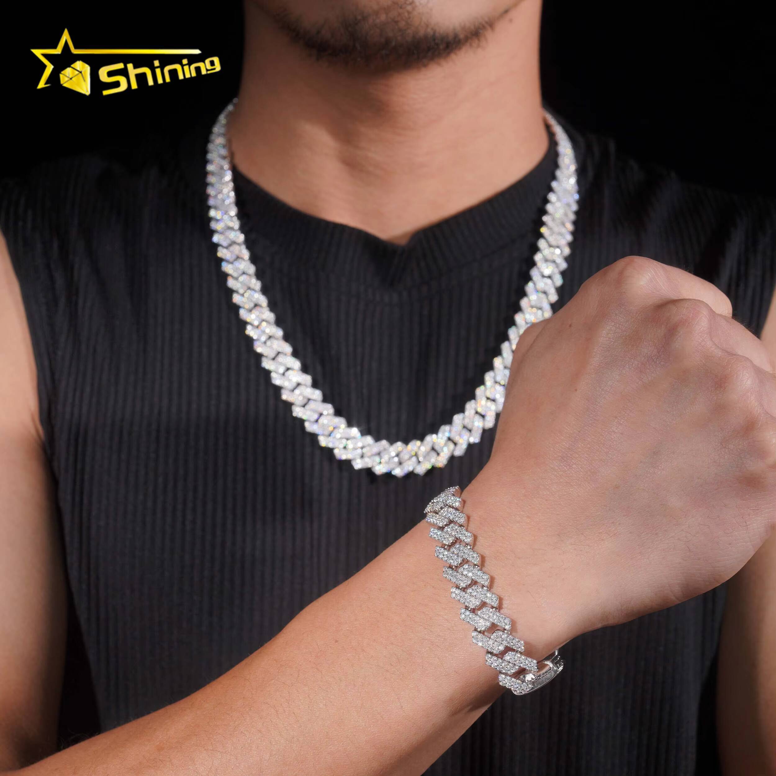 Men Iced Out Silver 925 Necklace Fine Jewelry 12MM 2 Rows Moissanite Miami Cuban Chain Custom Hip Necklace