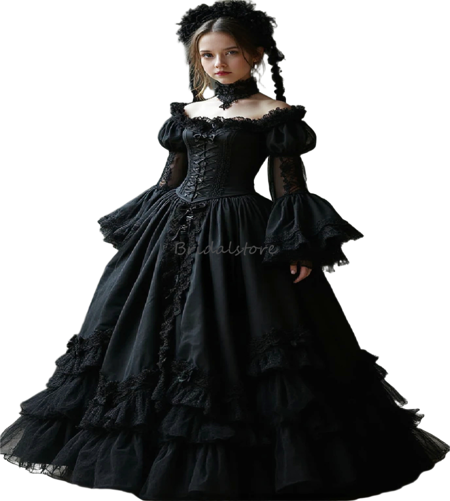 Medieval Style Black Gothic Evening Dress With Long Sleeve Elegant Viking Age Belle Victorian Prom Dress Lace Formal Birthday Occasion Costume Hallowe
