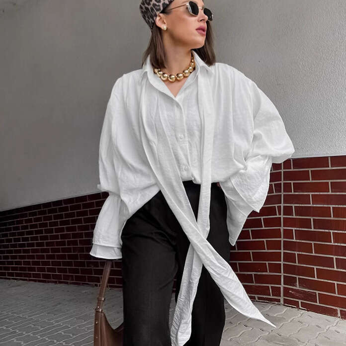 Autumn Winter New Commuting Loose Ribbon Shirt French Design Sense White Bell Sleeve Blouse For Women B3