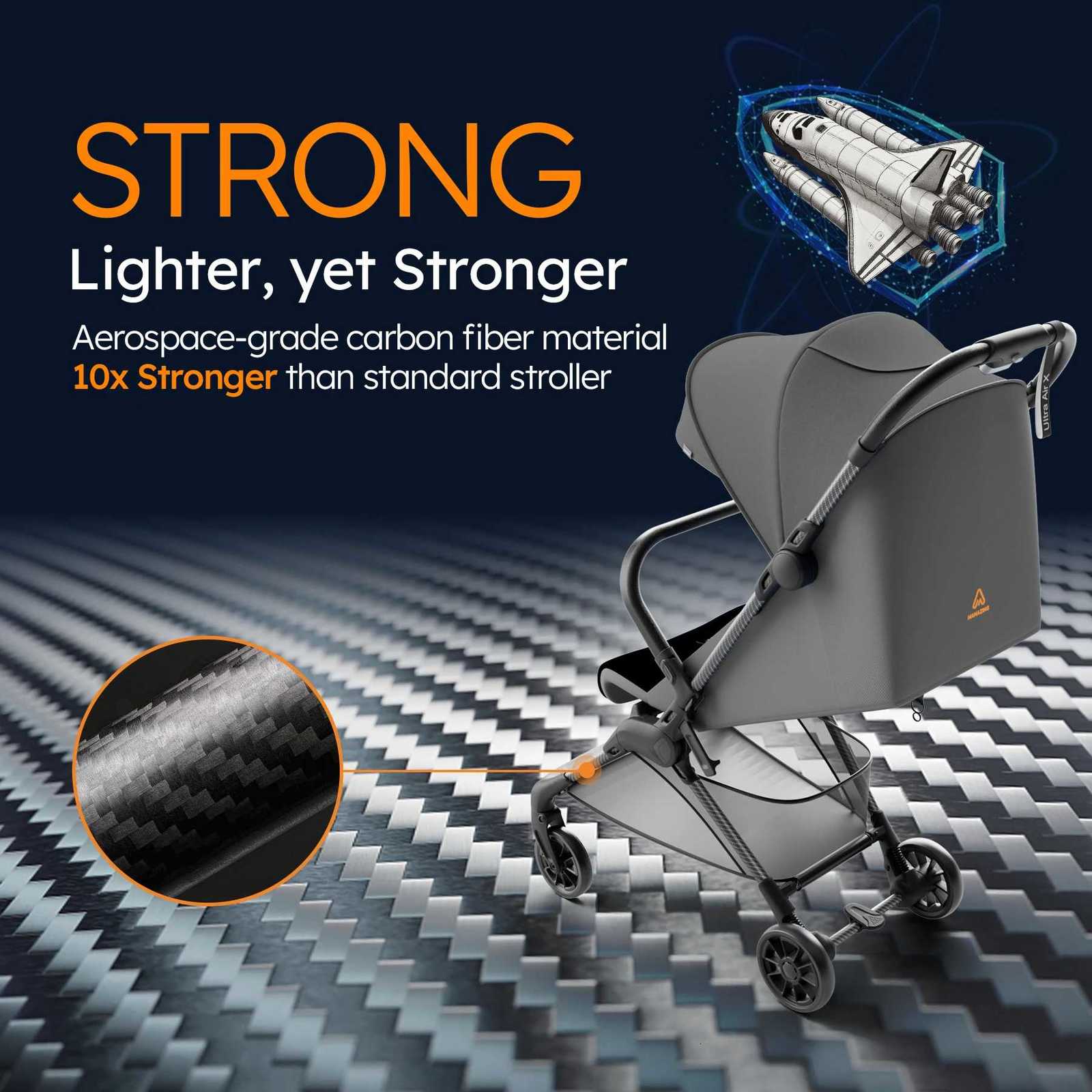 Ultra Air X Lightweight Baby Stroller for Travel 99lbs Carbon Fiber Frame with UPF50 Canopy Safe Belt BLACK W250910