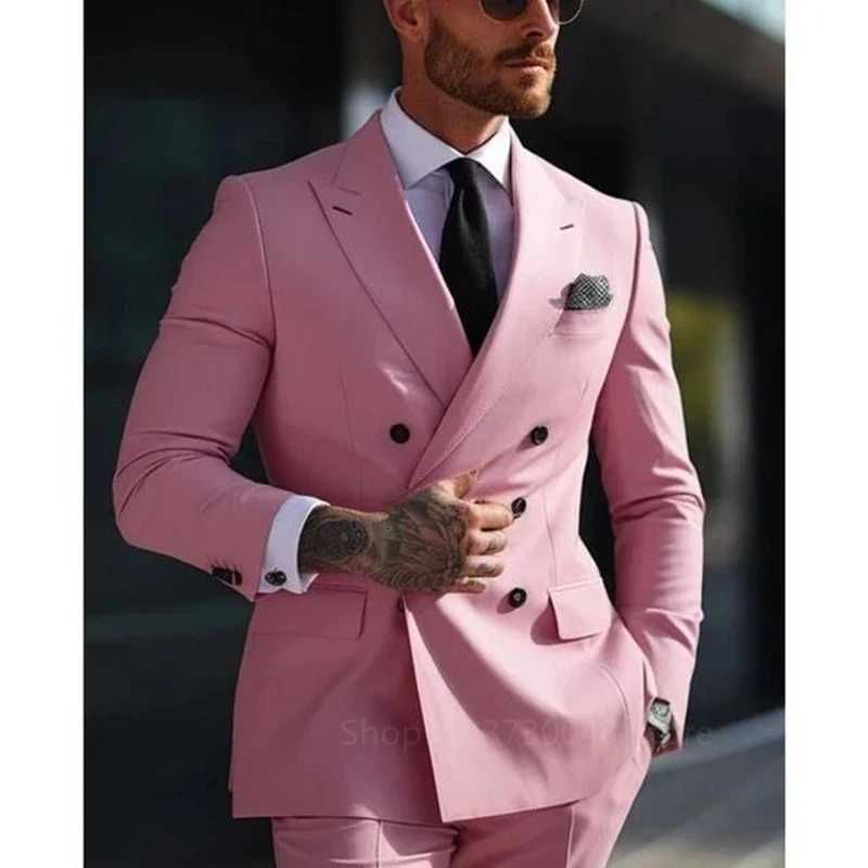 Solid 2 Pieces Men Suits Set Fashion New Mens Formal BusinessWedding Groom Suits Peak Lapel Double Breasted Blazer Trousers W250910
