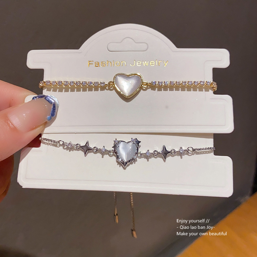 Silver - Toned Bracelet With Heart - Shaped Mother - Of - Pearl, Star Accents And Dainty Chain Delicate Daily & Elegant Jewelry Gift For Her High - Qu