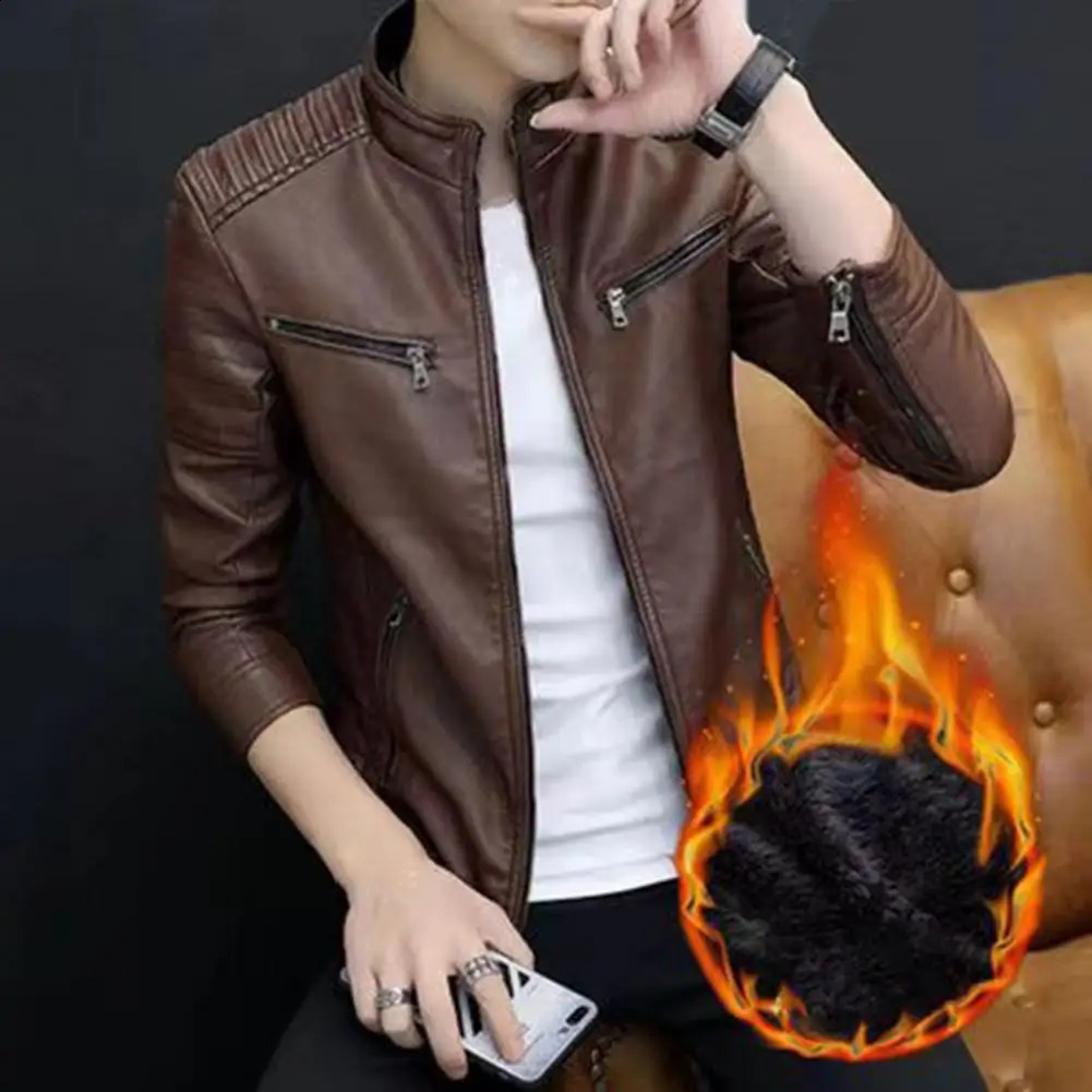 Men Faux Leather Jacket Fleece Lining Mens Fleecelined Stand Collar Stylish Pleated for Autumnwinter 250910