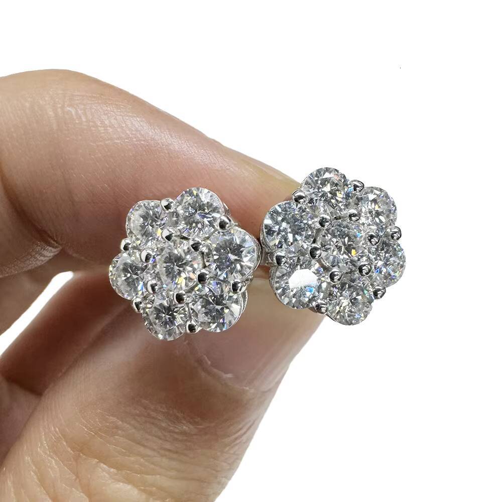Luxury Cluster Flower S925 VVS Moissanite Stud Earrings 925 Sterling Silver with GRA Certificate for Mens Hiphop Style