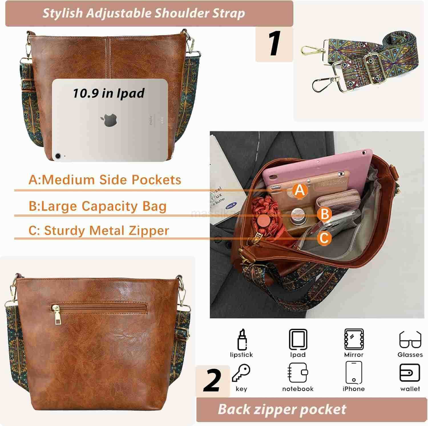 Shoulder Bag Vegan Leather Crossbody Bag Guitar Strap Shoulder Purses with Zipper Handbags for Women M250910