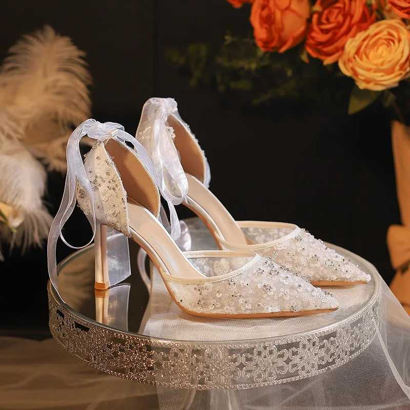 French Style White Wedding Shoes Senior Sense Wrapped Head Sandals WomenS Summer Lace Mesh Hollow High Heels Bride Single Shoes W250910