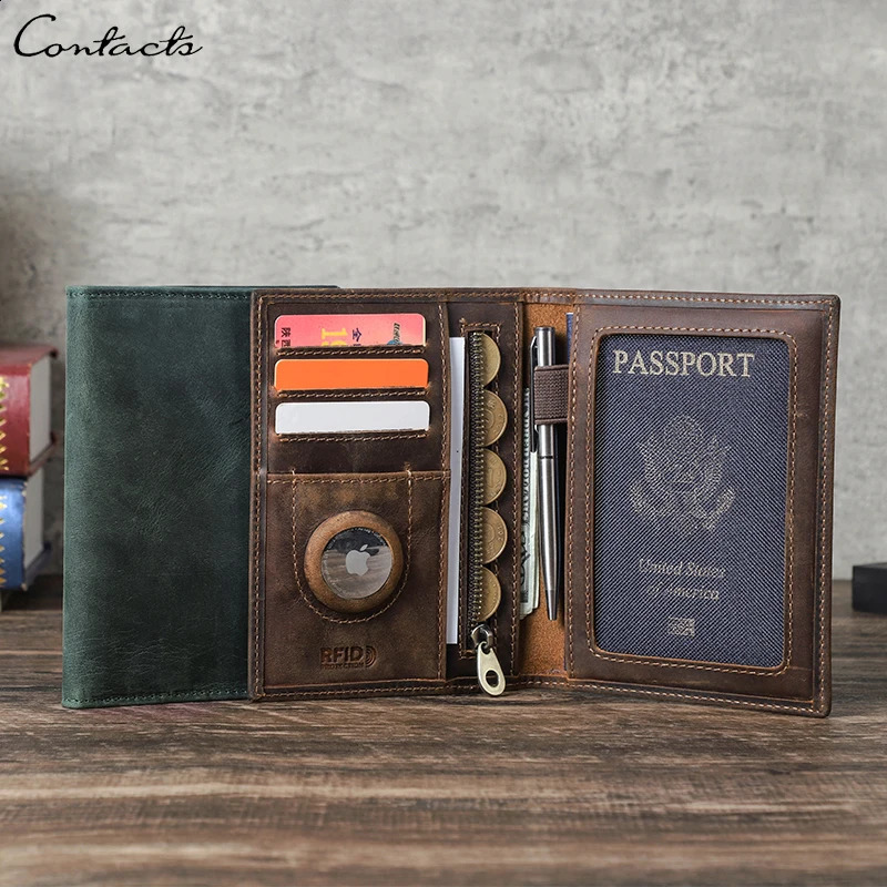 CONTACTS Genuine Leather Travel Wallet with Passport Holder RFID Blocking Card Holder Antilost Purse Mens Wallet250906