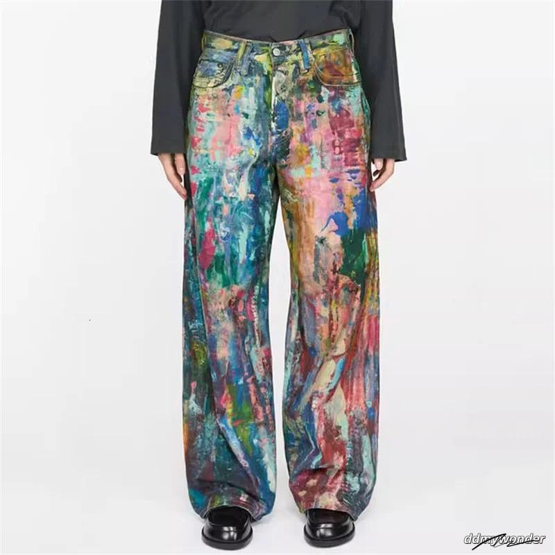 Womens Jeans 2025 Spring Painted Graffiti Pants Couple Style Loose Straight Leg Pure Cotton Wide 250107