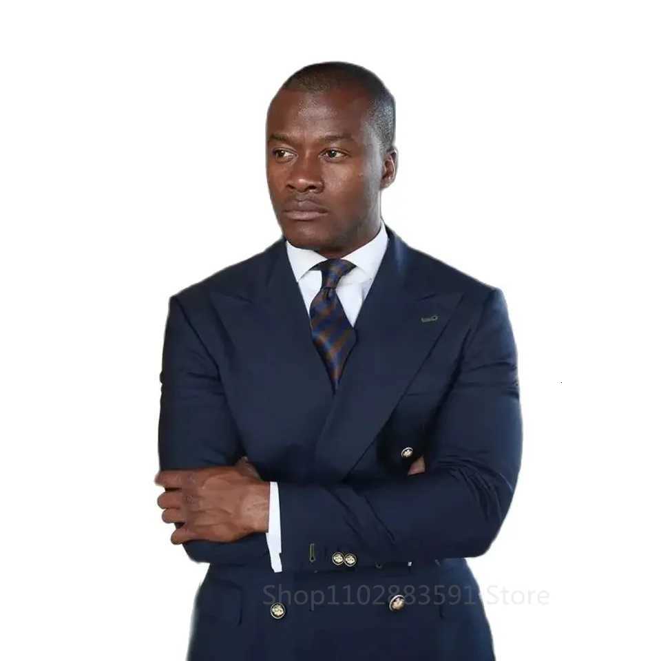 High End Double Breasted Luxury Suits for Men Navy Blue Office Work Blazer Homme Outfits Skinny 2 Piece Jacket Pants Full Set W250910