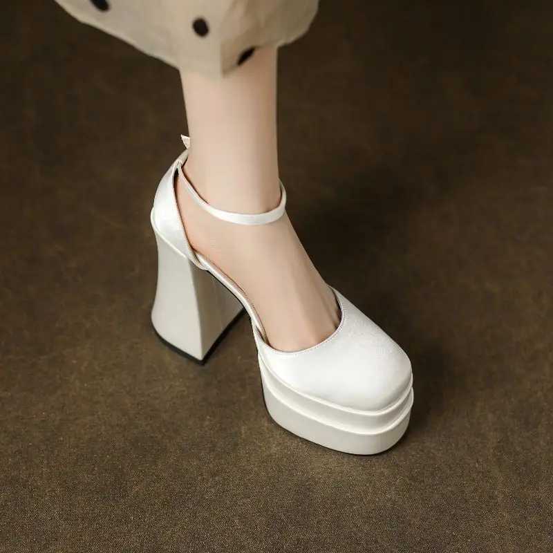 2025 Mary Jane Block Heels High Quality Womens Satin Ultra High Heels Thick Sole Round Toe Ankle Straps Party Wedding Shoes W250910