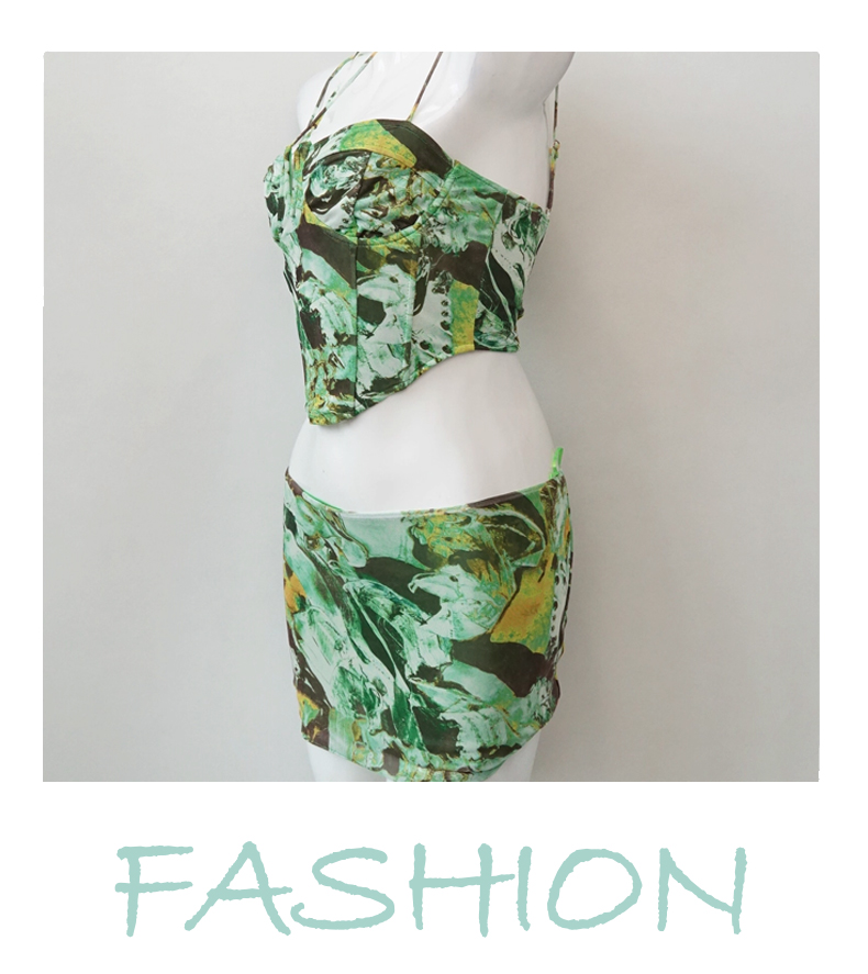 Skirts Women's Green Abstract Print Two - Piece Set: Halter Cami Top and Mini Skirt, Fashion Trendy Outfit