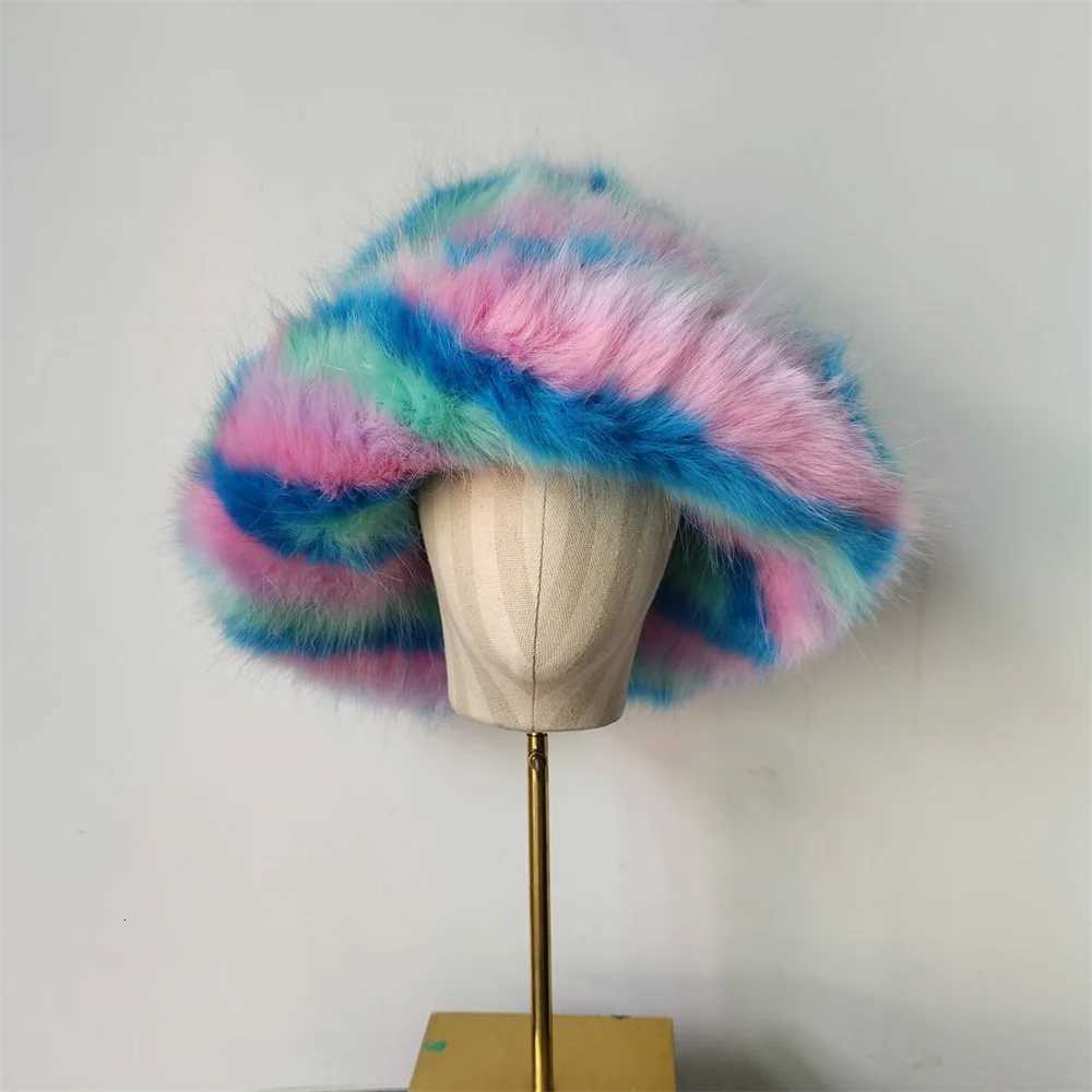 Big Faux Fur Hat Women Elegant Autumn Winter Fur Luxury Fashion Party Panama Fisherman Hat Warm Bucket Hat 2023XJ250910