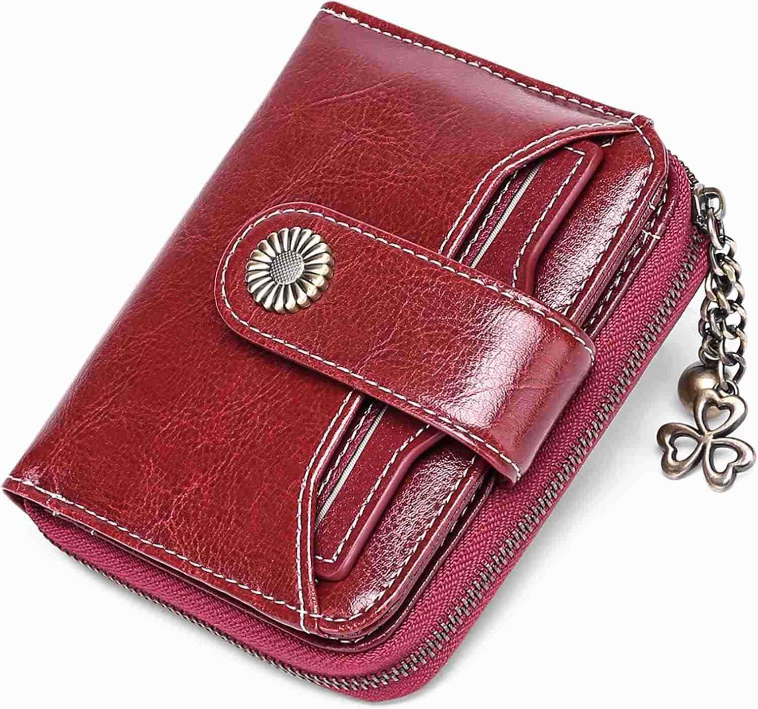 Wallet for Women Leather Small RFID Blocking Bifold Zipper Pocket Card Holder with ID Window Wine RedZ250910